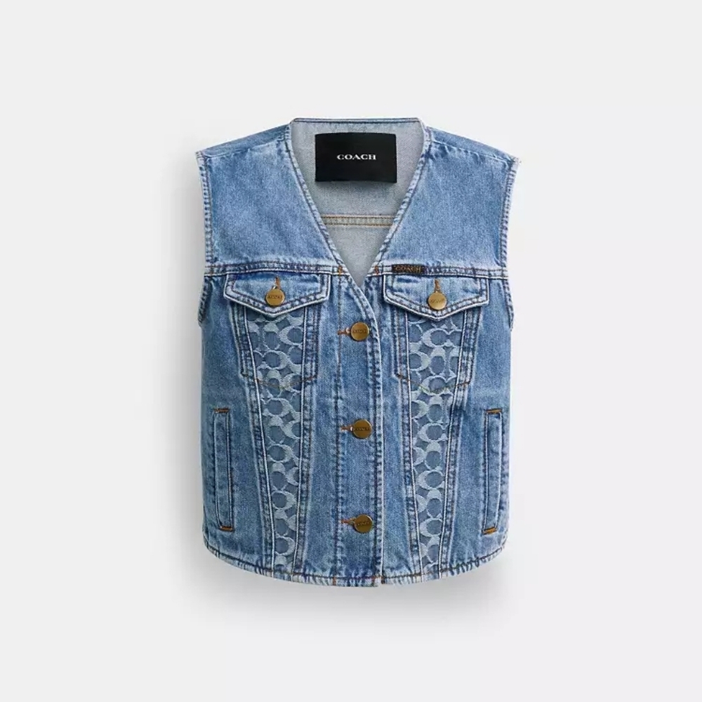 Coach Denim Vest Organic Cotton NWT Signature Print Blue Jean XS